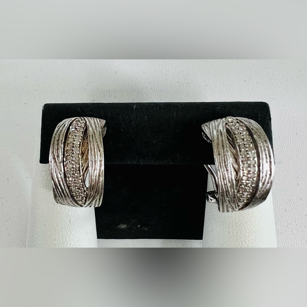 Sterling Diamond Pave Hoop Earrings French Back